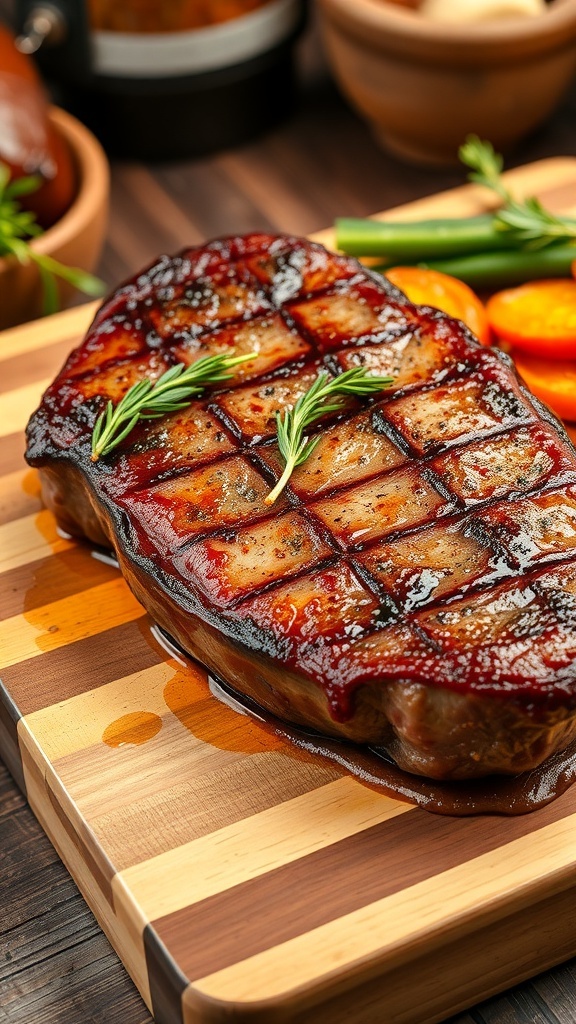A juicy air fryer steak resting on a cutting board, garnished with herbs and served with roasted vegetables.